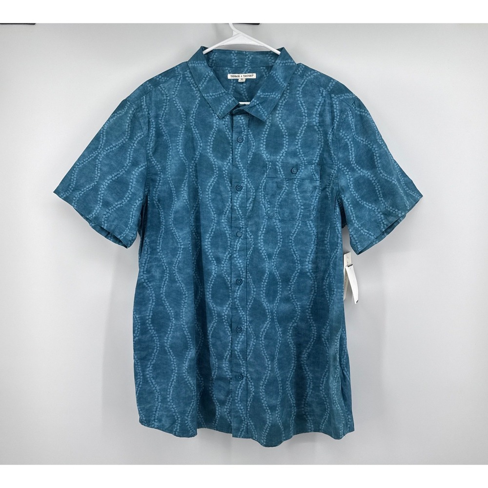 Threads 4 Thought Mens XL Teal Organic Cotton Wavy Print Short Sleeve Shirt NEW